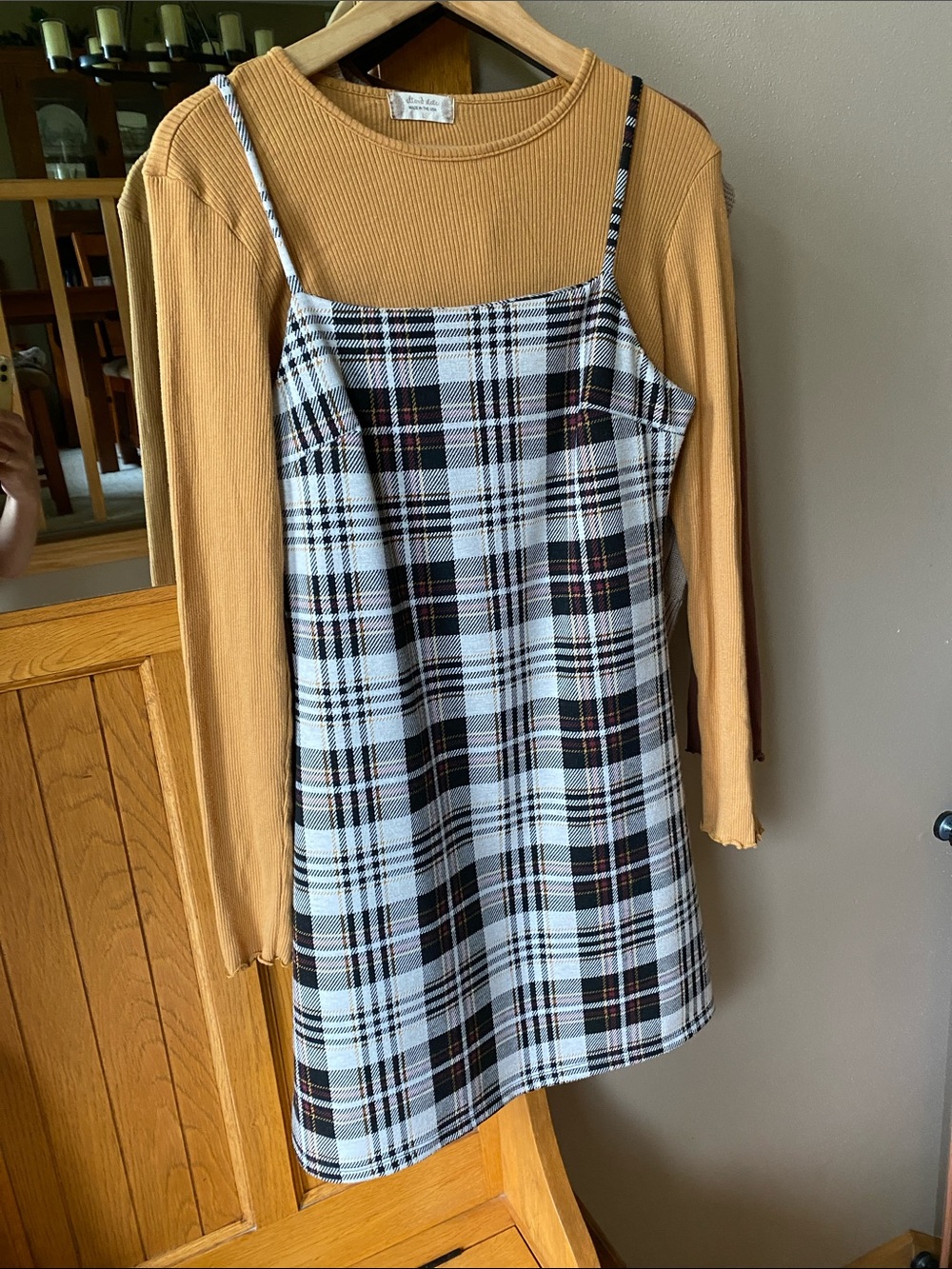Altar'd State Black & White Plaid Spaghetti-Strap Mini Dress and Mustard Top